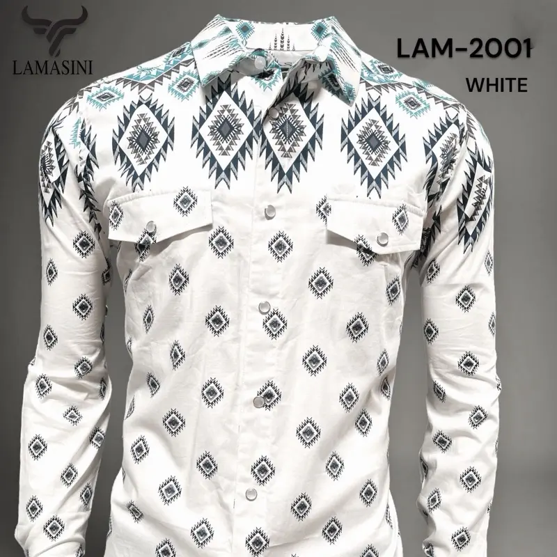 LAMASINI Men's Shirt with Geometric Pattern Long Sleeve Button-Up Design