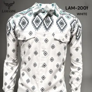 LAMASINI Men's Shirt with Geometric Pattern Long Sleeve Button-Up Design