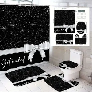 1/4pcs Black & White Starry Bathroom Set with Silver Accents, Shower Curtain, Toilet Cover, 2 Bath Mats, Shower Curtain Sets - Getnaked Cursive Bow Ribbon Decor, Festive Home Decor, Ideal for Holiday, New Year, Christmas