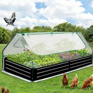 Garden Bed with Cover, 8x4x1 Ft Raised Garden Beds Outdoor Galvanized Metal Planter Box with 2 Screen Windows, Mini Greenhouse for Vegetables and Flowers