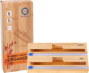 2 in 1 Long Wrap Dispenser with Cutter, Plastic Wrap, Aluminum Foil Dispenser for Kitchen Drawer, Bamboo Roll Organizer Holder, Compatible with 15" Roll