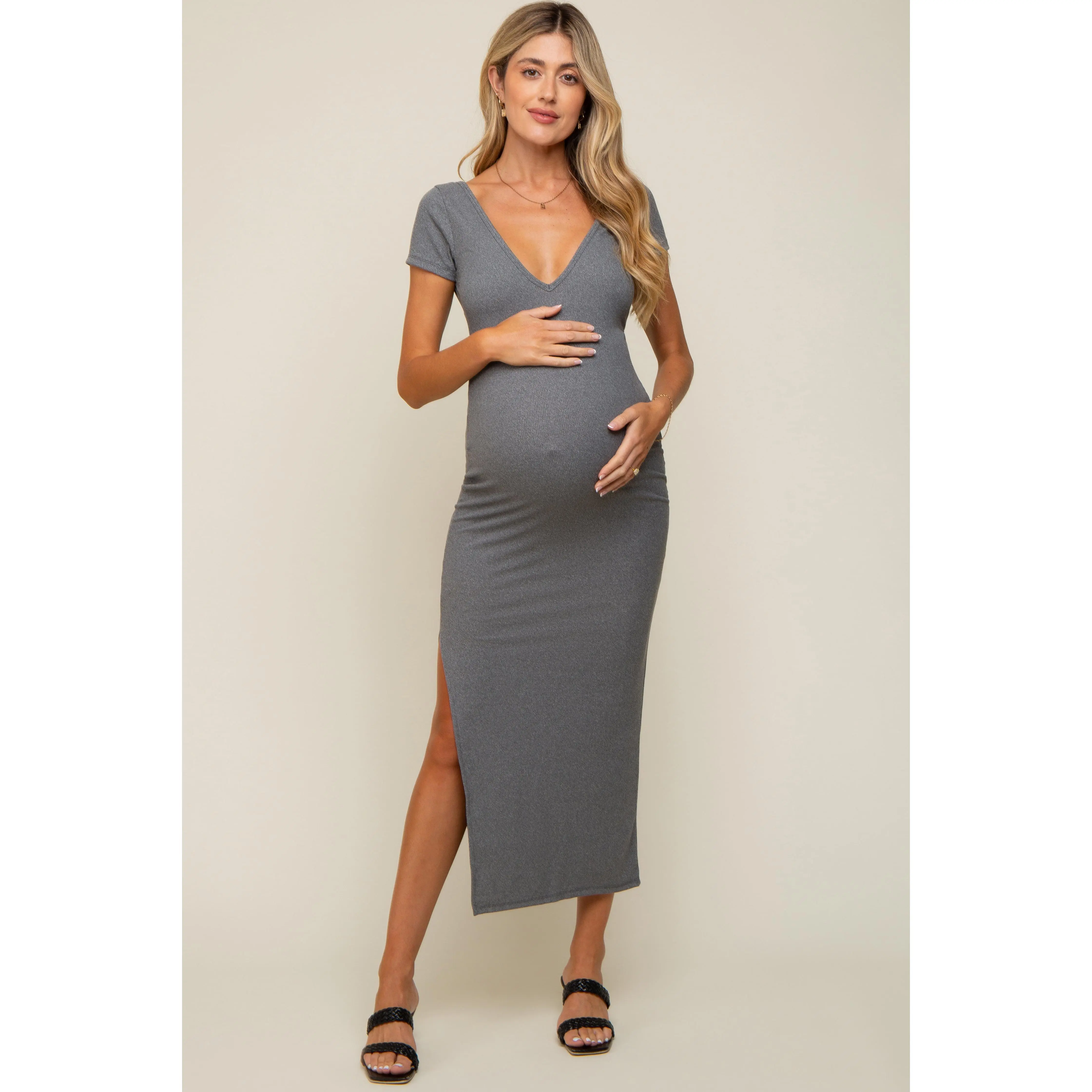 Grey Basic Ribbed Side Slit Maternity Midi Dress