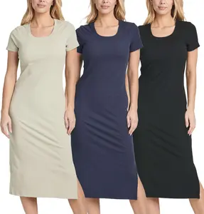 3 Pack: Women's Ribbed Jersey Crew Neck Short Sleeve Midi Length Dress with Side Slit