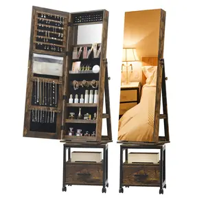 【GARVEE】360° Swivel Jewelry Armoire, 66" H Floor Standing, Full Length Mirror, Makeup Vanity, Brown, Lockable Wheels, Suitable for Bedroom