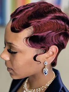 Short Finger Wave Human Hair Wigs, Pixie Cut Wig, Short Curly Wigs for Women, Full Machine Made, Hair Curl Style, Human Hair Material, Curly Texture, Short Length, Curly Bob Wig