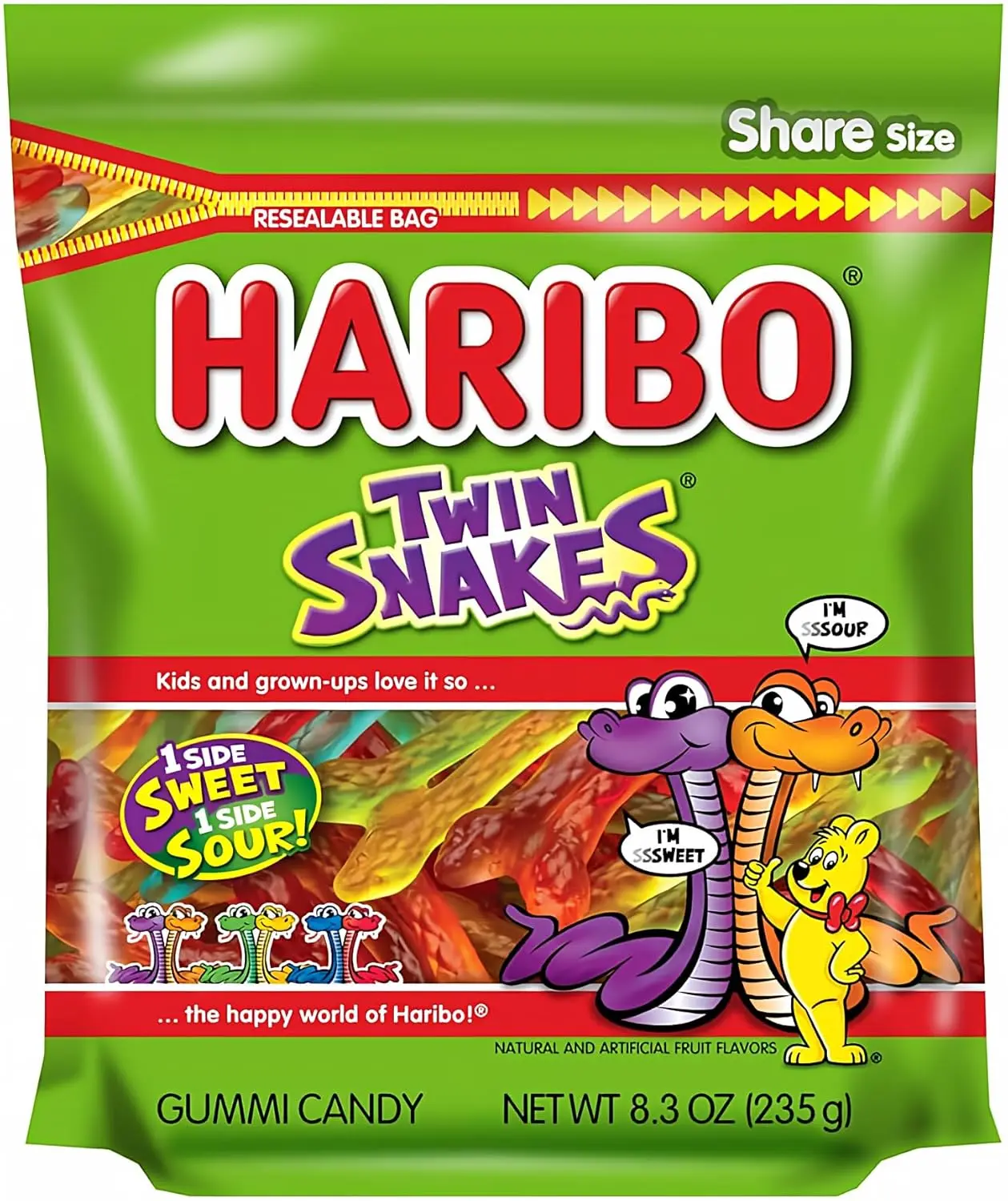 Gummi Candy, Twin Snakes Sweet & Sour Gummy Candy, 8.3 Ounce Resealable Share Size Stand Up Bag, Soft & Chewy Snacks, Assorted Fruity Flavors