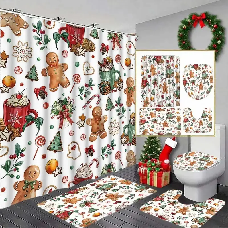 1/4pcs Christmas Gingerbread Man Waterproof Pretty Aesthetic Decorative Shower Curtain Set, Includes Toilet Seat Cover, Rectangle Mat, U-Shaped Pad, Perfect Bathroom Decor, 12 Hooks Included, Bathroom Decoration Accessories