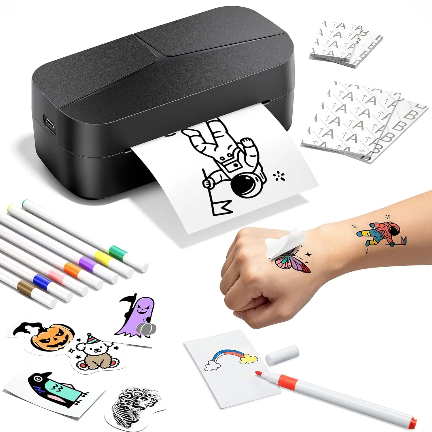 Phomemo DIY Temporary Tattoo Maker, TK32 Tattoo Maker for Kids & Adults, Create Custom Tattoos with AI Voice & Text Design, DIY Tattoo Sticker Kit with 50 Papers & 8 Markers, Perfect for Parties, Events & Gifts, Black