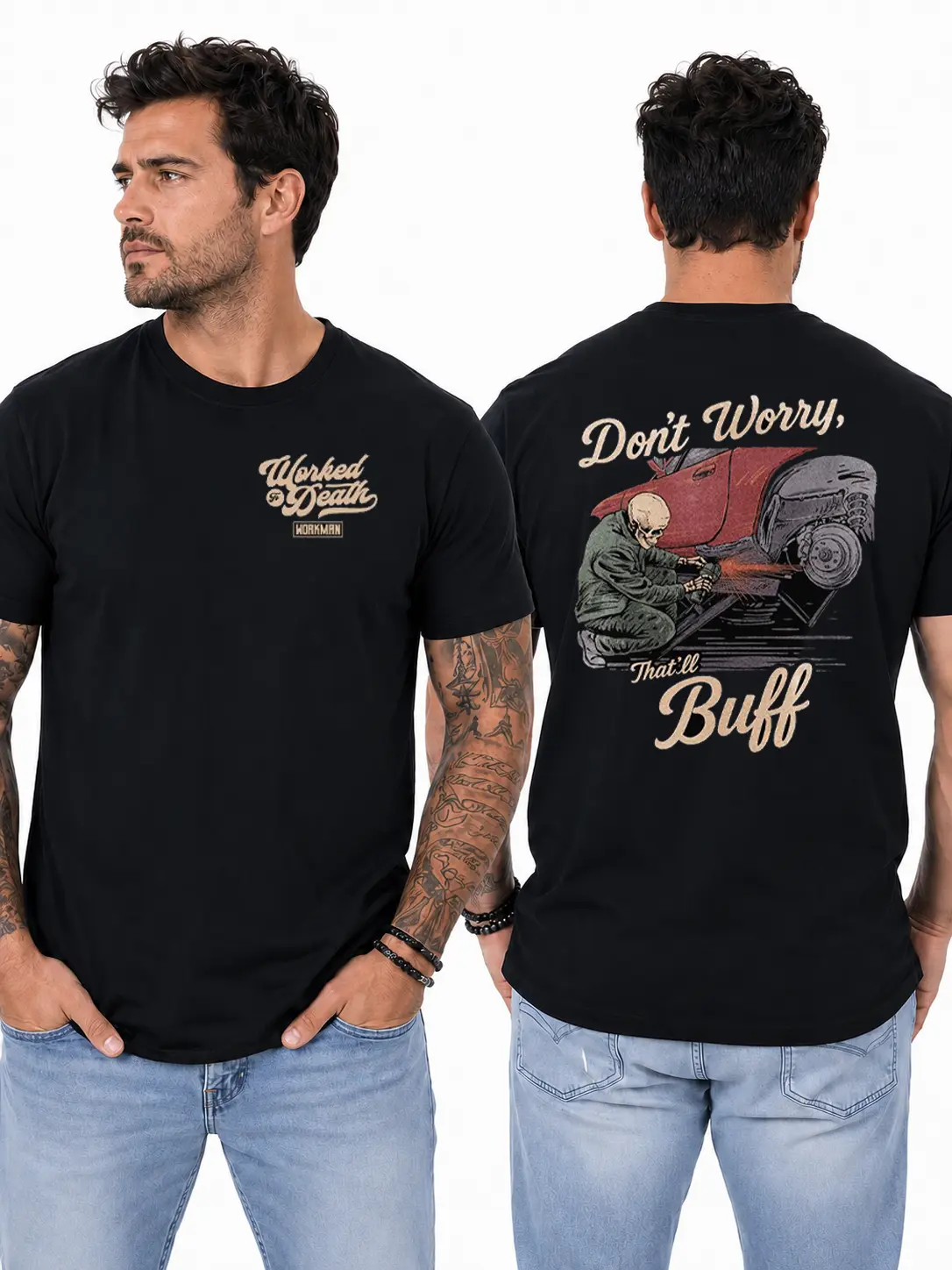 Don’t Worry That’ll Buff T-Shirt, Skeleton Auto Body Repair & Car Polishing Graphic Design, Automotive Work Shirt for Body Shop Technicians & Mechanics, Gift for Car Detailers or Collision Repair Workers