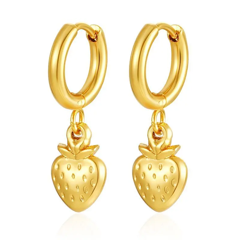 Strawberry Dangling Huggie Hoop Earrings - Pair - 304 Stainless Steel