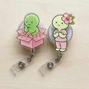 Kawaii Smiskii Inspired Cherry Blossom Box Pink Hibiscus Scrubs Badge Reel Cute Acrylic ID Holder For Nurse Gift