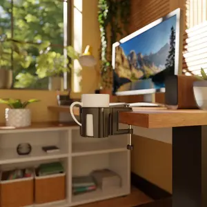 Original Large Desk Cup Holder Clamp – Cup-Holster, the Anti-Spill Cup Holder Mount for Your Table, Office & Gaming Setup – Multi-Directional Drink Holder & Headphone Hanger