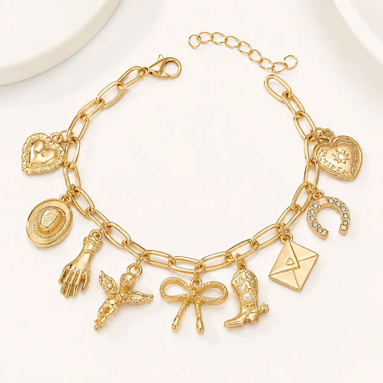 Summer Gift Women's Golden Heart Locket Vintage Charm Bracelet - Accessory with Bow, Cowgirl Hat, Boots, Horseshoe Charms - Summer Jewelry Gift, Accessory Bracelet, Vintage Bracelet