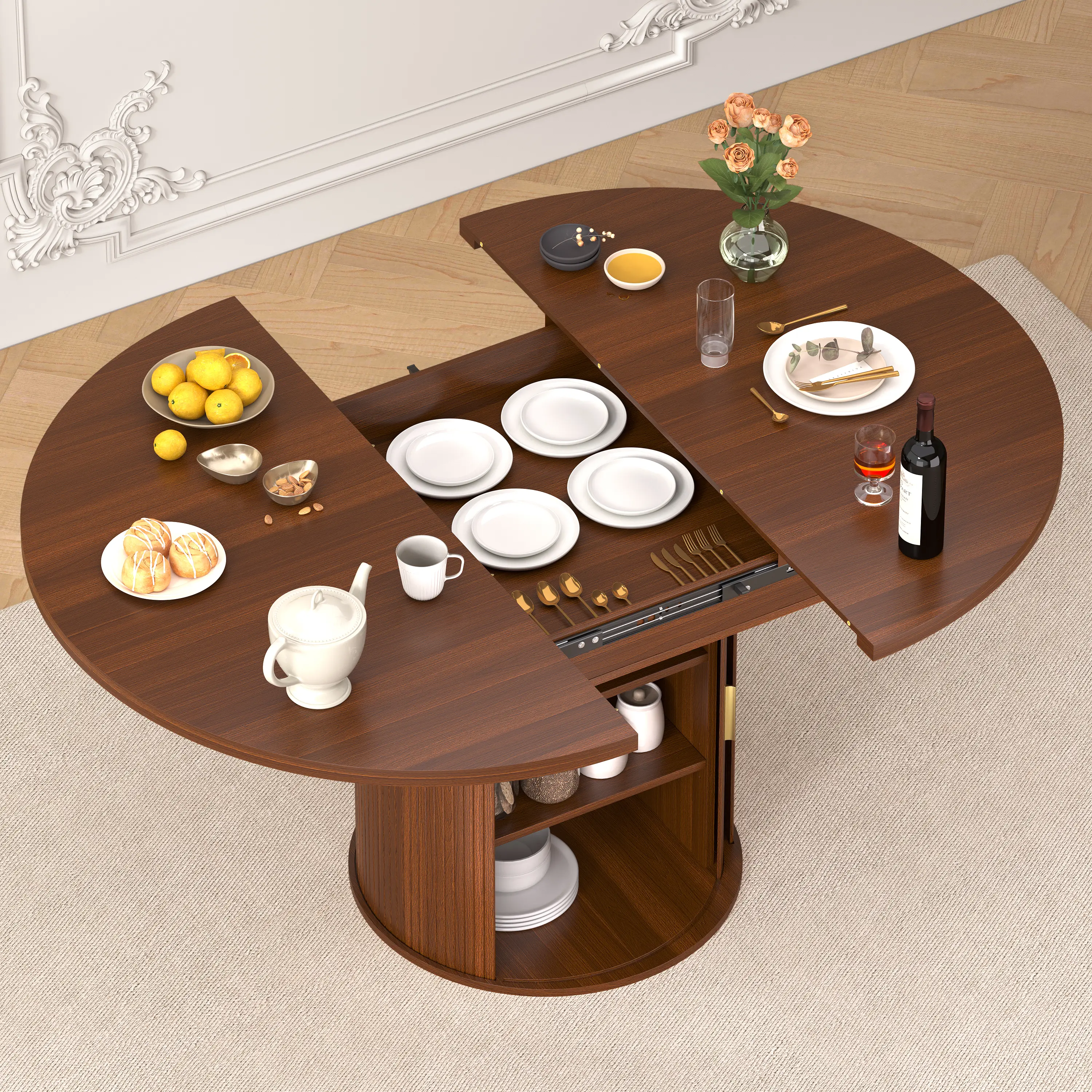 【Extendable】DHH 46.9-62.2 Inch Round-to-Oval Dining Table with Fluted Storage Pedestal and Sliding Tambour Door, Seats 6-8 campingessentials