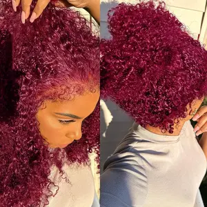Hidden Strap Deep Water Wave 360 99j Burgundy Glueless Wigs Human Hair Pre Plucked Pre Bleached Human Hair Wig With Drawstring Wet and Wavy HD Full Lace Front Wigs Human Hair 180% Density