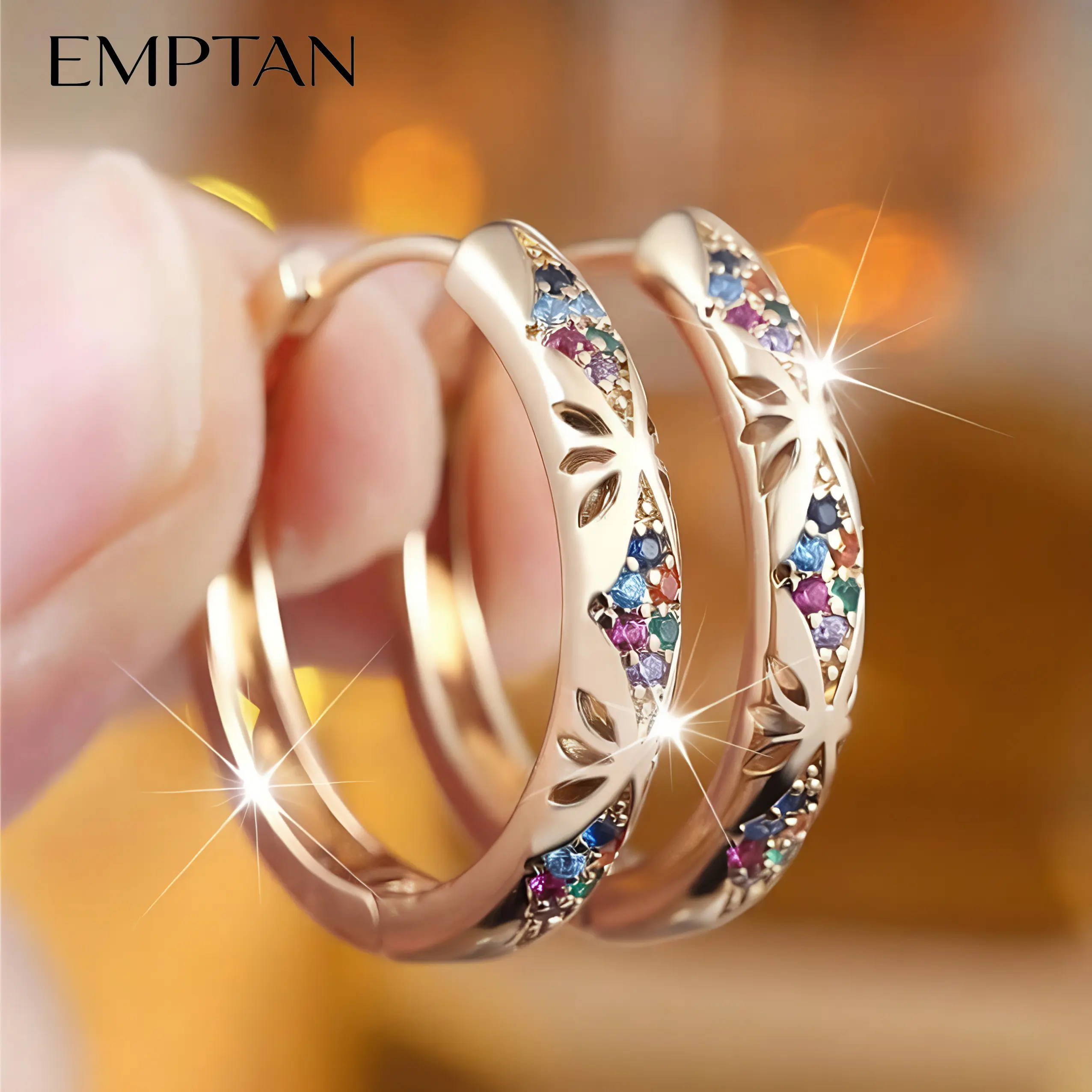 EMPTAN Luxury Circular Earrings for Female Girls, Gold Aesthetic Colorful Cubic Zirconia Inlaid Small Hoops, Hypoallergenic Copper-Plated Ear Cuffs, Trendy Birthday Gift Jewelry for Daily Wear & Party, Lightweight