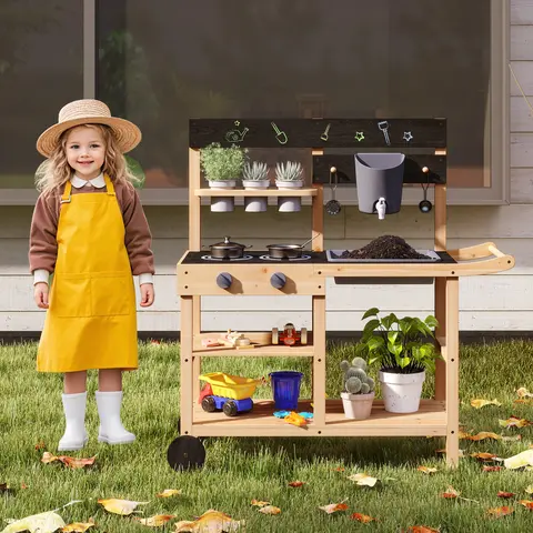 Costzon Wooden Kids Play Kitchen, Outdoor Mud Kitchen with Removable Sink, Water Box & Faucet, Stove Top, Storage Shelves, Fun Backyard Pretend Kitchen Playset , ,  Gift Season BlackFriday Friends Giving