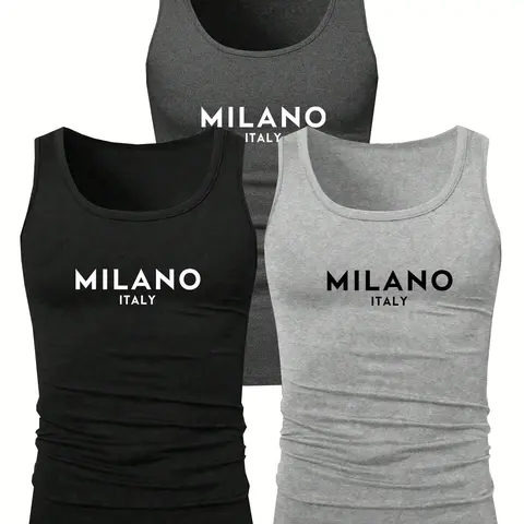Men's Solid / Letter Print Ruched Tank Top, Regular Fit Casual Sleeveless Round Neck Top for Summer, Men's Clothes for Daily Wear, Tank Tops Workout, Menswear, Workout Tanks, Fitted Tanks