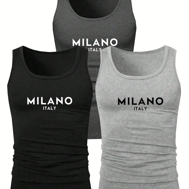 Men's Solid / Letter Print Ruched Tank Top, Regular Fit Casual Sleeveless Round Neck Top for Summer, Men's Clothes for Daily Wear, Tank Tops Workout, Menswear, Workout Tanks, Fitted Tanks