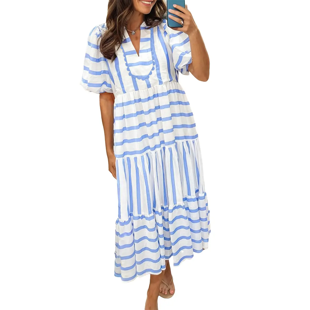 Mntaor Women's Chic Stripe Dress with Ricrac Trim & Notched Neck Half Sleeve Flowy Tiered Hem Ideal for Seaside Getaways Vacations & Romantic Dinners Casual Womenswear