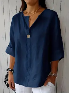 Women's Solid Cotton Linen V-Neck Shirt Blouse, Mid-Length Sleeve Slim Fit Top, Casual Style Shirt, Comfortable and Stylish Casual Wear, Perfect for Daily Use, Basic