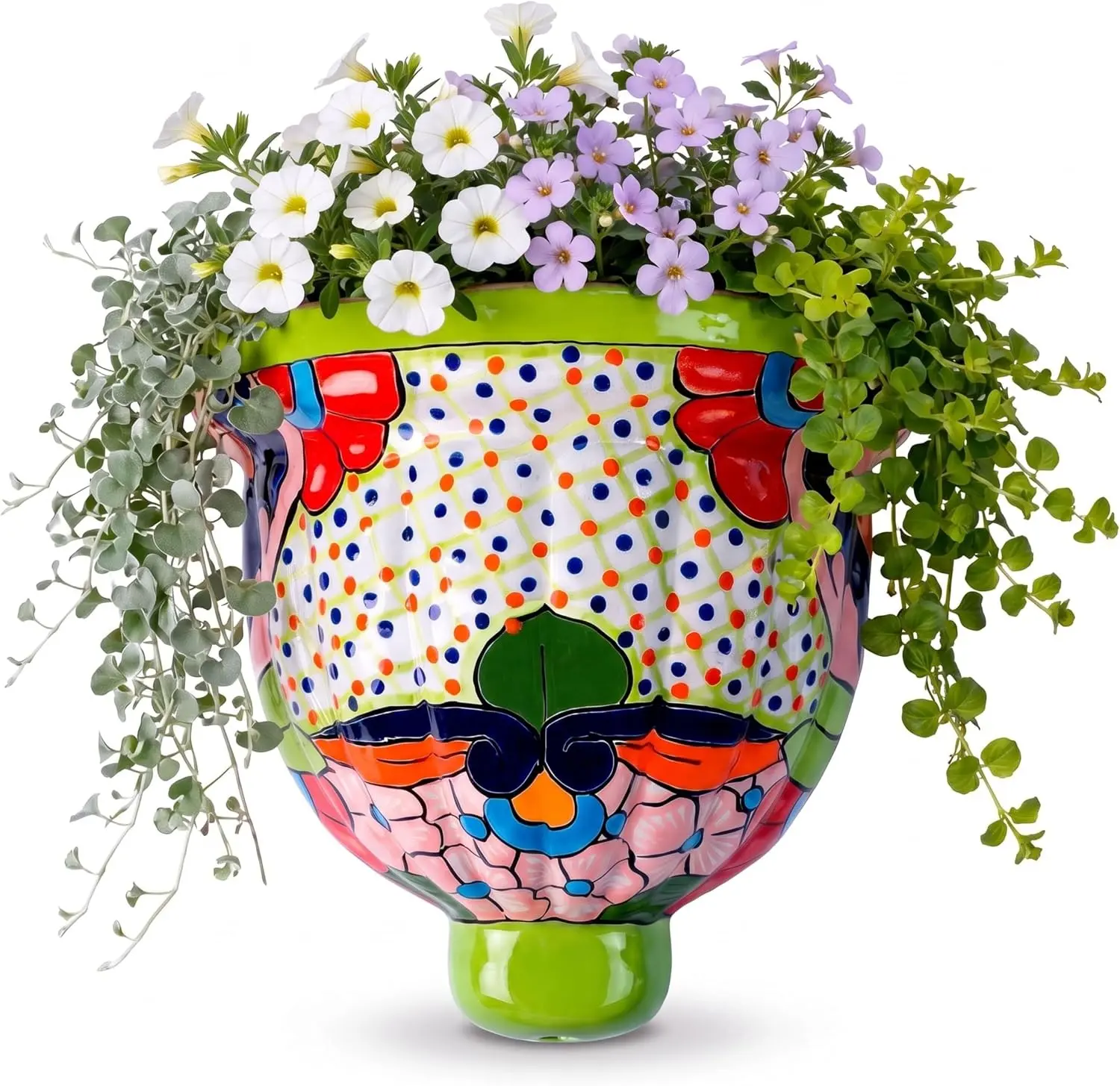 Talavera Wall Planter - Hand-Painted Glazed Clay Large (8") Hanging Pot, Artisan-Made Mexican Decor for Art Lovers, Easy Wall-Fence-Patio Mounting, Indoor-Outdoor Use, Single Planter