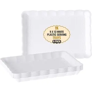 6 Pack 9x13 Inch White Serving Trays, Heavy Duty Plastic Platters for Party & Event Serving