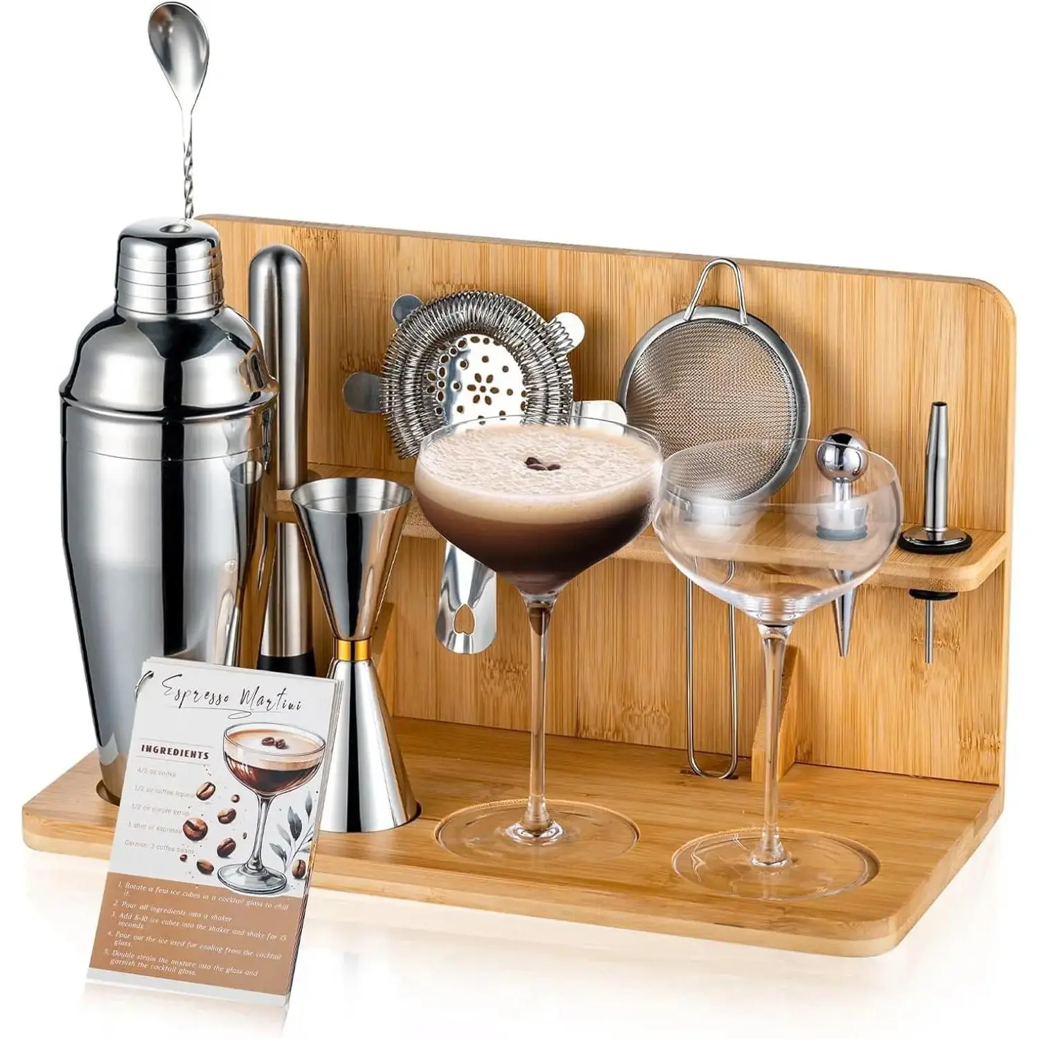 Espresso Martini Kit Gifts Set with 2 Glasses,Mixology Bartender Kit, Shaker Set with  Stand for Drink Mixer,Bar Set for House Warming Gifts, bar,Party Favors