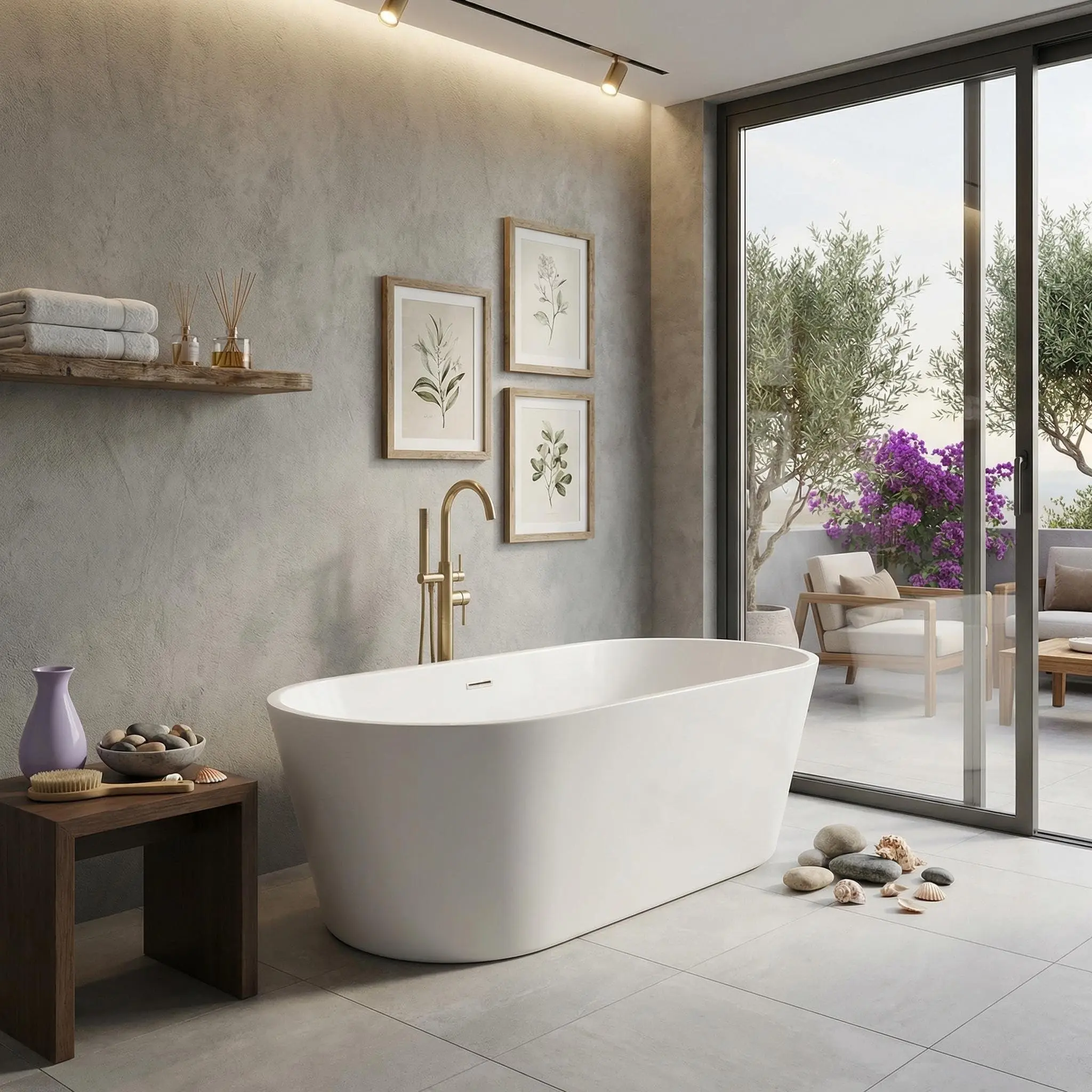 59 Inch Freestanding Bathtub, Acrylic Free Standing Bath Tub with Integrated Overflow & Drain, Modern Oval Stand Alone Tub for Home Spa, White