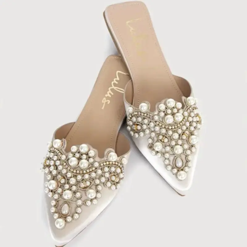 Lulus Flora Ivory Satin Pearl Embroidered Pointed-Toe Flats