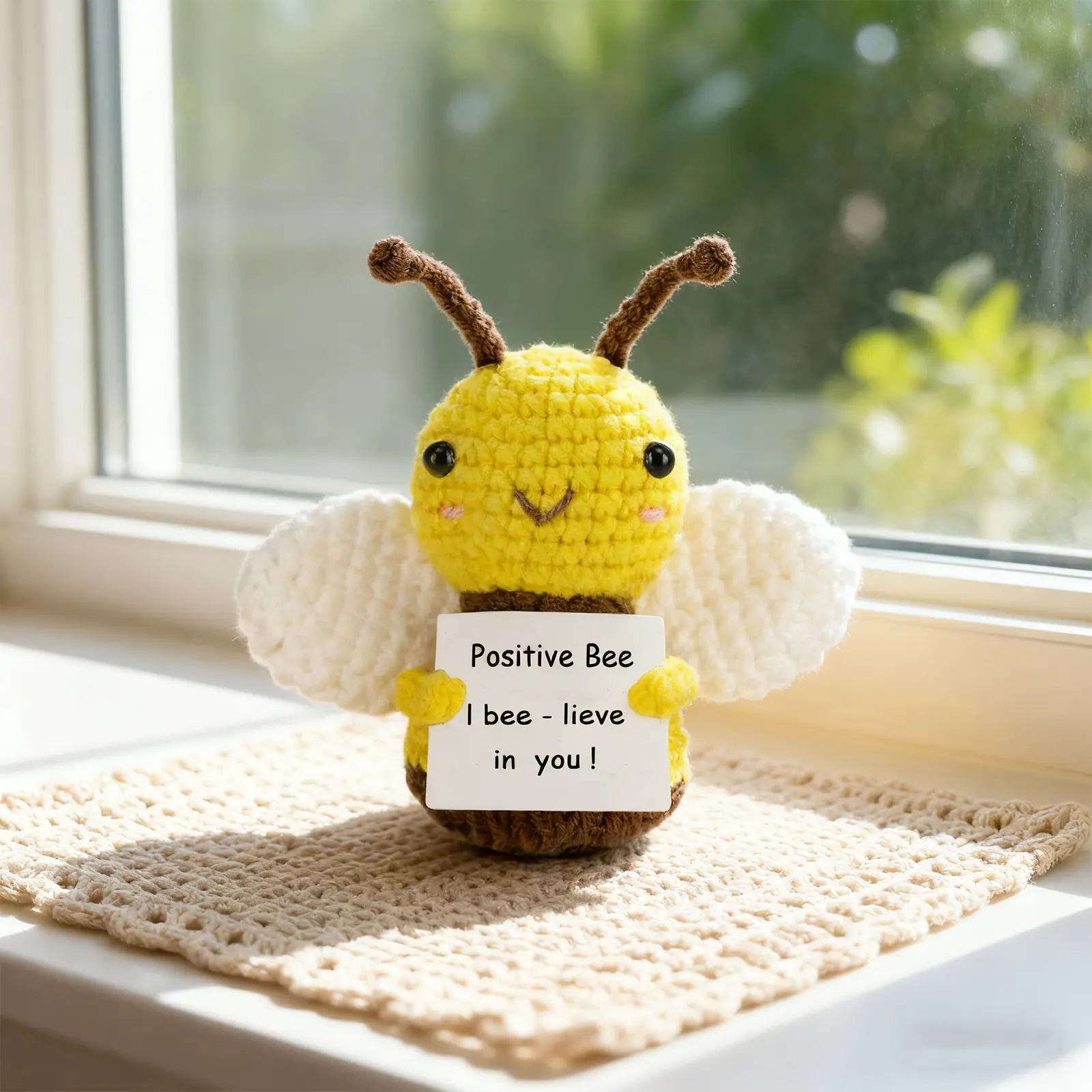 Handmade Crochet Bee Plush Cute Soft Stuffed Animal with Positive Message - "I Bee-lieve in You!" for Encouragement, Appreciation, Birthday, Desk Decor, Stuffed Animal Gift