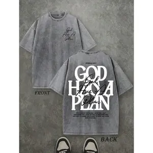 Retro Washed T-Shirt Double Sided Printed (230 Pure Cotton T-Shirt) 'GOD HAS A PLAN'  Letter Print, Men's T-Shirt, Men's Casual, Comfortable, Fashionable T-Shirt, Street Style Cotton