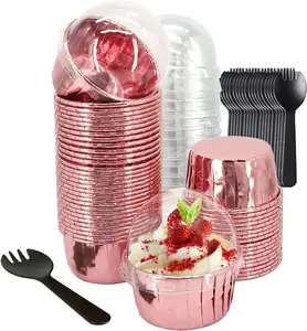 5oz Foil Muffin Cups Muffin Tins 50 Pack, Jumbo Cupcake Liners with Lids, Disposable Ramekins Pans Cupcake Baking Cups Wrappers for Wedding Bakery-Rose Gold