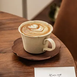 Aesthetic Ceramic Coffee Cup with Wooden Saucer, Vintage Minimalist Espresso Latte Cup for Home, Cozy Morning Coffee Mug Gift for Women Matte Drinkware summerwins