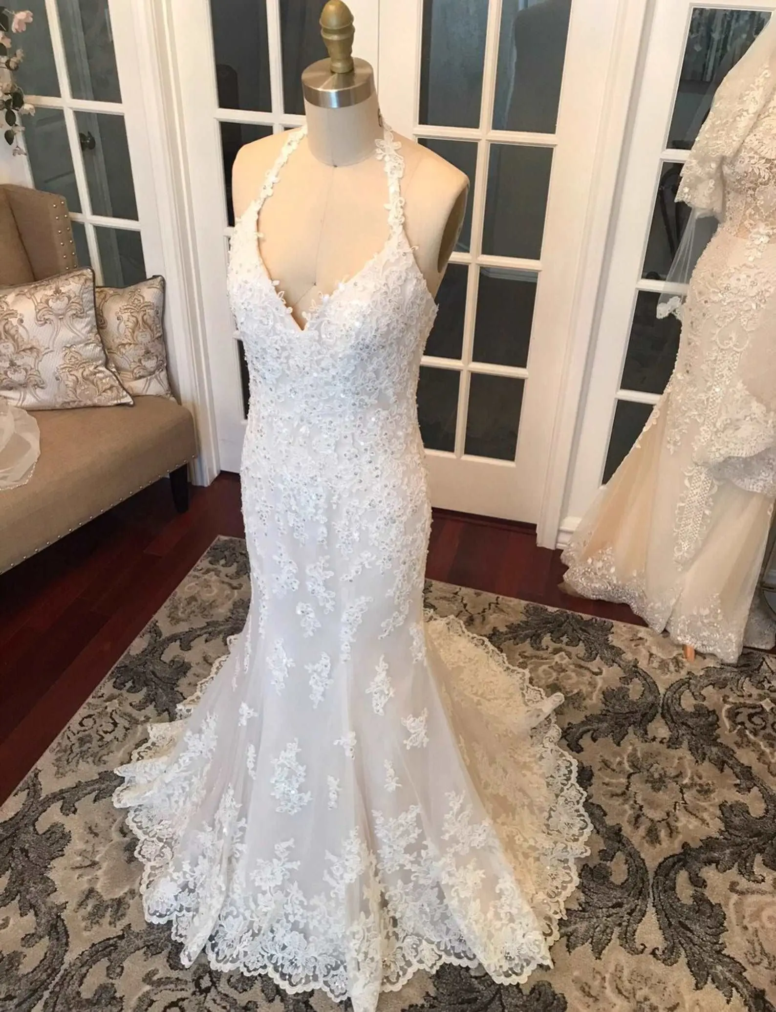 Women's Halter Sequin, Lacy Floral Fit-and-Flare Wedding Dress | Erina