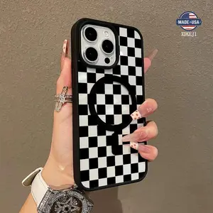 Black Checkerboard Design MagSafe Case for iPhone 17 Pro Max Air 16 16e 15 14 Plus 13 12 11 X XS Pattern Acrylic Back TPU Edges Shockproof Ultra Thin Mobile Phone Cover Valentine's Day Gift 2D printing