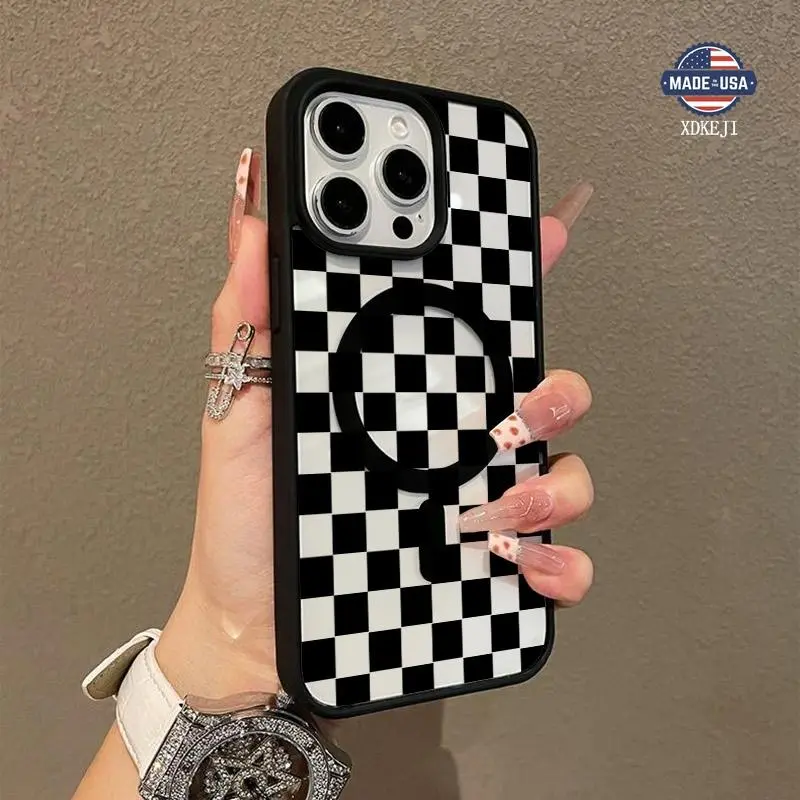 MagSafe Soft Silicone Phone Case for iPhone 17 Pro Max/Air,16,16e,15,14 Plus,13,12,11,X,XS - Precision Fit, Black Checkerboard 2D Printing, Acrylic Back, TPU Shockproof Edge, Ultra-Thin Shell, Valentine's Day Gift, Protection, Casing