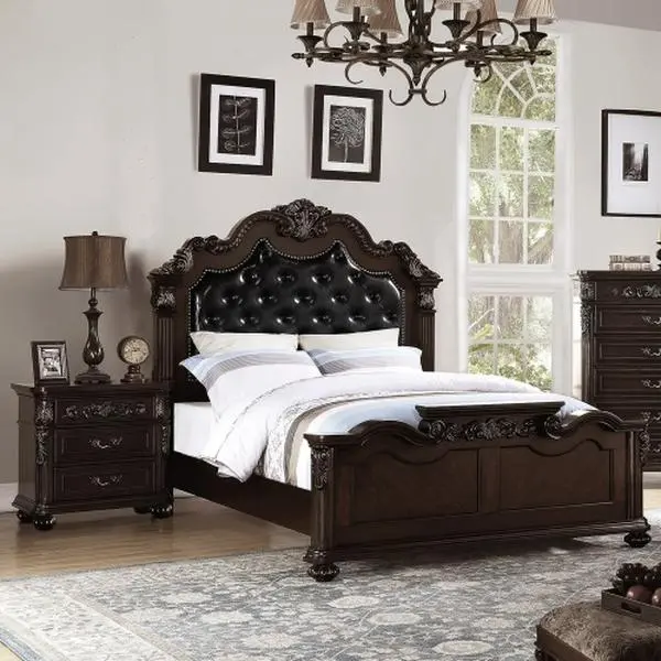 Victorian Glam 3-Piece Classic Antique Cherry Wood Queen Size Bedroom Set - Bed Frame with Plush Faux Leather Tufted Headboard, 2 Nightstands, Plywood and Particle Board Construction, Nightstand, Bed Frames