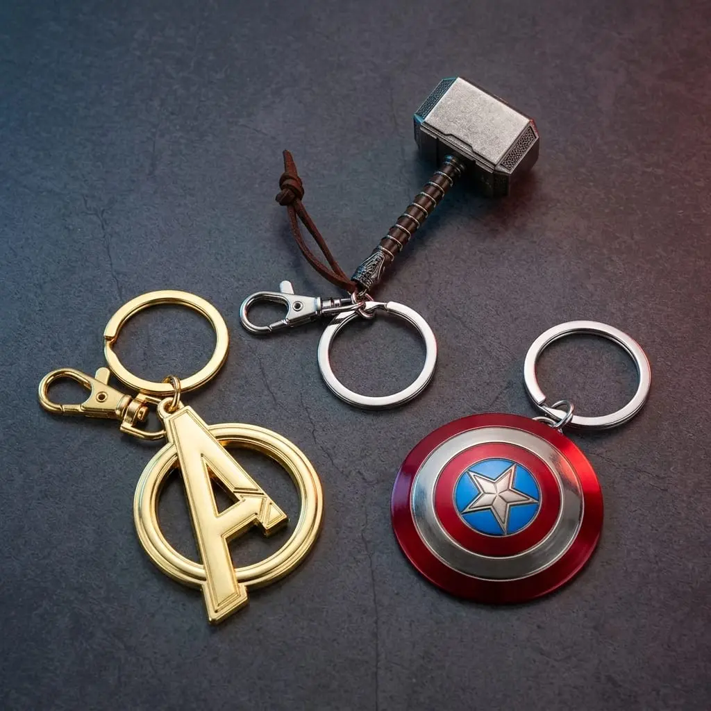 1PC Marvel Avengers Officially licensed 3D Thor's Hammer Metal Keychain Captain America Shield & Avengers Logo - Zinc Alloy Bag Charm Collectible Backpack Decoration Gift