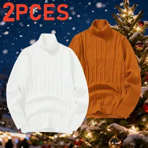2pcs Men's Turtleneck Cable Knit Sweater Vintage Style High Neck Warm Cold Layered Autumn Winter Retro Knitted Pullover Long Sleeve Top cable knit pullover sweater  for  work