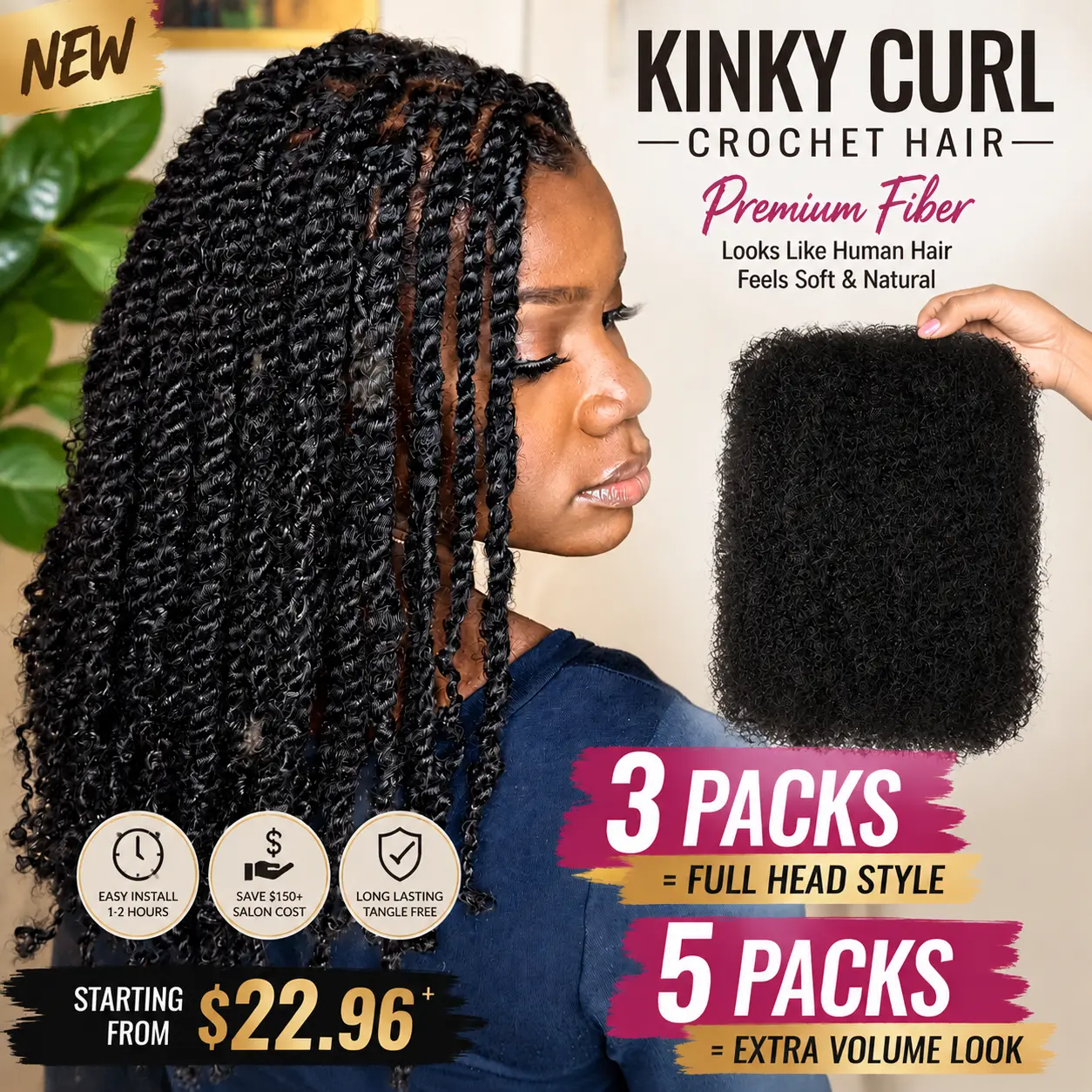 NOBLE HAIR Afro Kinky Bulk Synthetic Braids 16-22'' for Mini Twist Hairstyles, Tangle-Free, Low Maintenance, Summervibes Afro Curly Box Braided Wigs