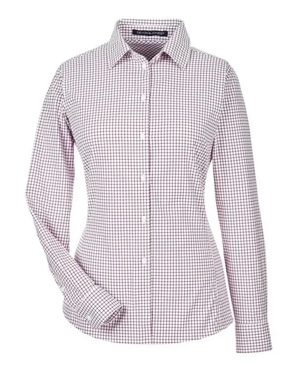 Women's Fitted Micro Windowpane Button Down Blouse, Casual Stretch Nylon Top with Moisture-Wicking Performance