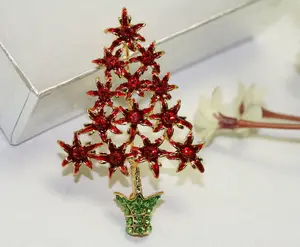 Rhinestone Red Poinsettia Christmas Tree Brooch, Poinsettia with Red Enamel Brooch-Christmas Pin-Costume Xmas Tree Jewelry