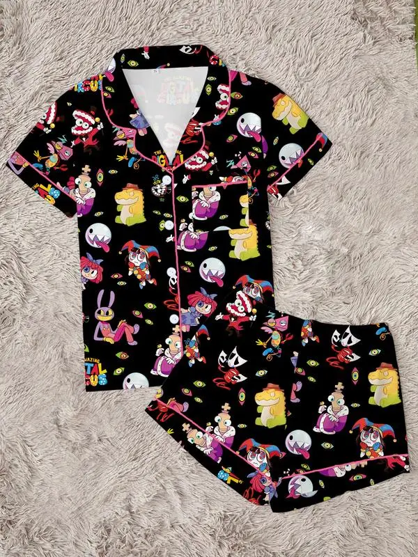 Cute Cartoon Monster Pajama Set, Women's Short Sleeve Button Front Sleepwear, Soft Summer Lounge Set
