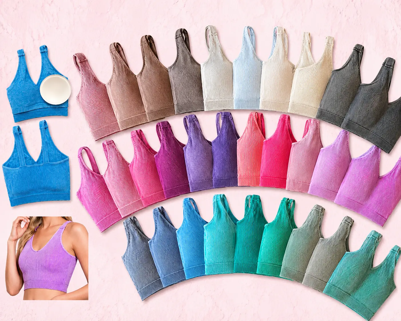 Zenana Ribbed Cropped Mineral Washed V Neck Padded Tank Top Brami Bralette 6175, Soft & Stretchy Comfortable Womenswear Crop with removeable pads