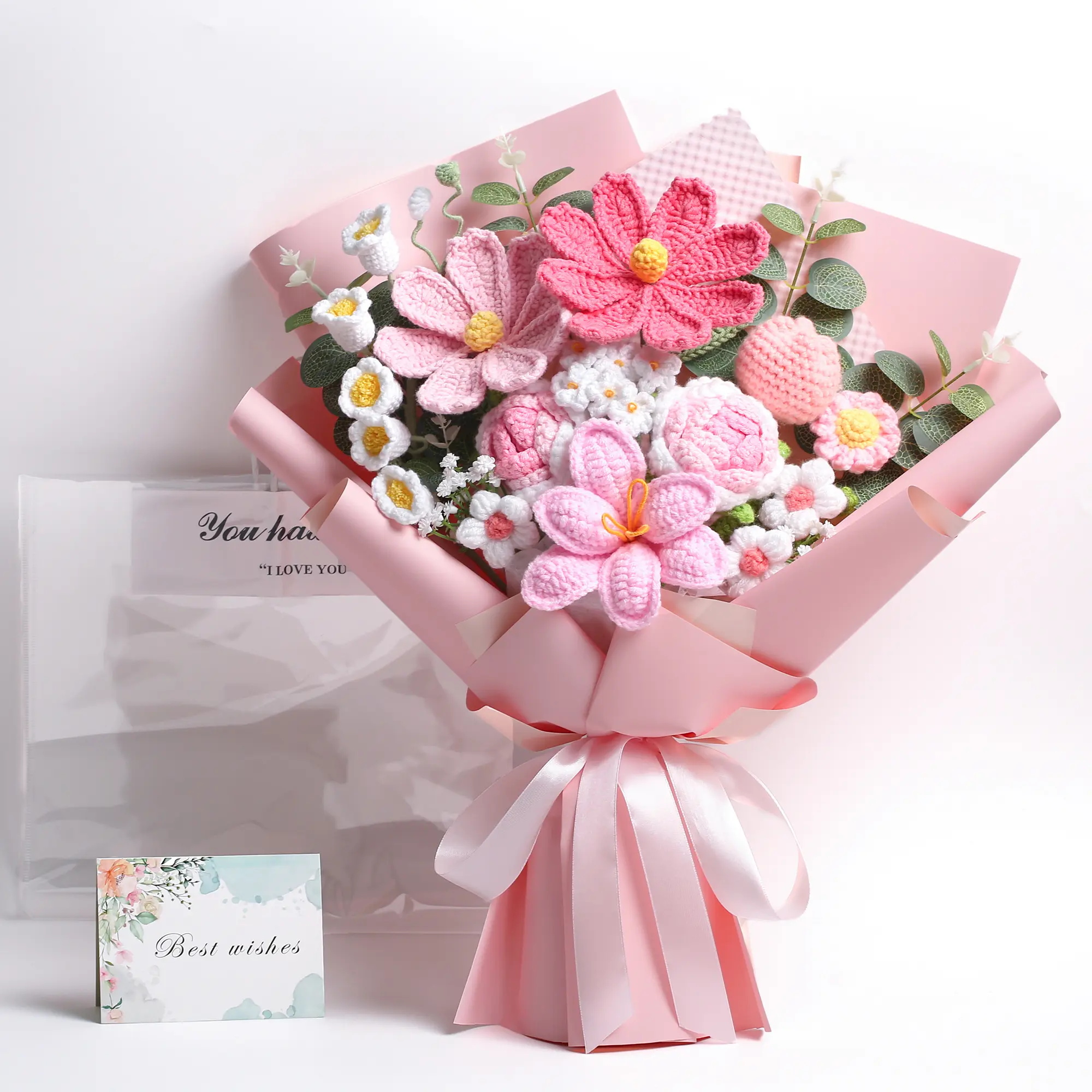 Crochet Bouquet - Handmade Crochet Rose Bouquet, suitable for home decoration, weddings, birthdays, Valentine's Day, Mother's Day - includes gift bag and greeting card, faux crochet flowers