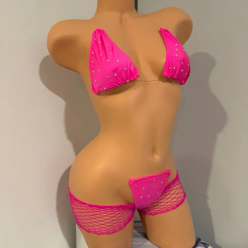Romping Shop “X” Three Piece Bikini Dance Wear Set with G String Black Polka Dot Design