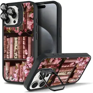 Vintage Book & Flower Pattern Phone Case For iphone 16 15 14 13 12 PRO PLUS MAX Gift Ideas Anti-drop Cellphone Protective Case With  Ring Stand Magsafe Tough Shockproof Mobile Phone Cover