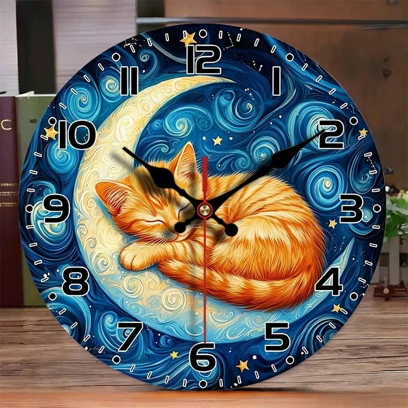 2D flat design. Set of 1, Van Gogh Starry Sky Moon Orange Cat Wall Clock, Silent Decorative Wall Clock, Creative Wall Clock, Suitable for Bedroom, Living Room, Office Decoration, 25/30cm (excluding AA batteries), 2D Flat Version