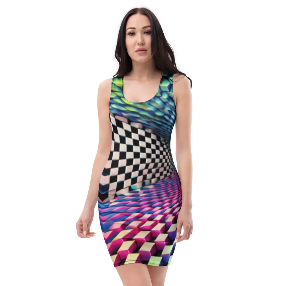 Psychedelic Bodycon Dress, Trippy Festival Outfit, Rave Techwear Mini Dress, Colorful EDM Party Wear, Optical Illusion Clothing Casual Fabric Womenswear Comfortable